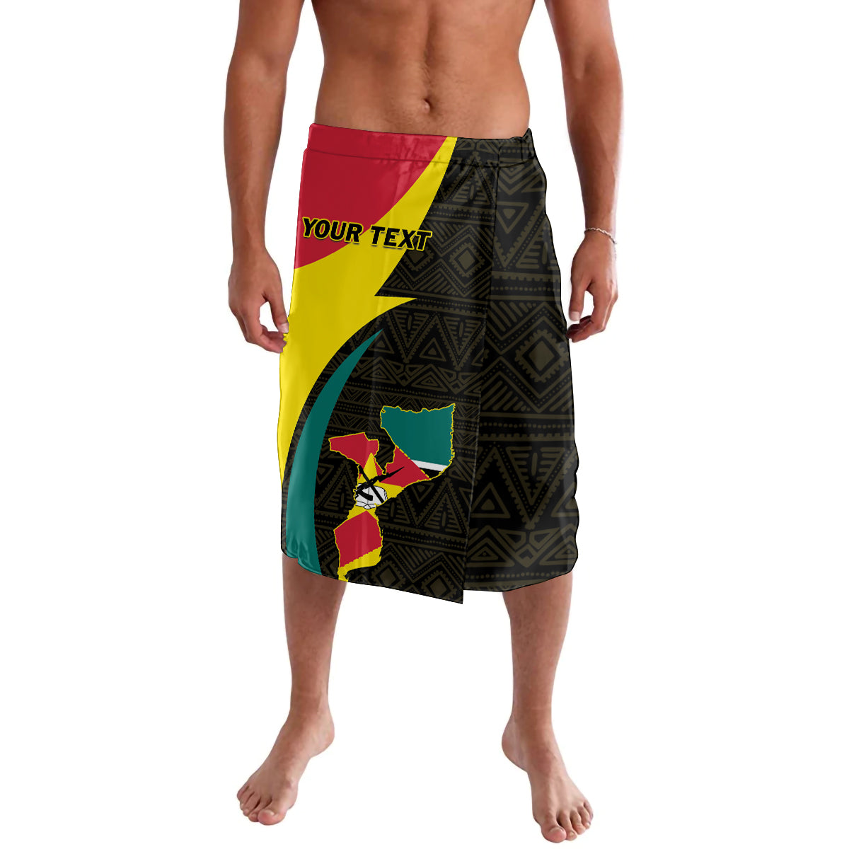 Black wrap lavalava skirt with geometric pattern and red yellow green front graphic panel