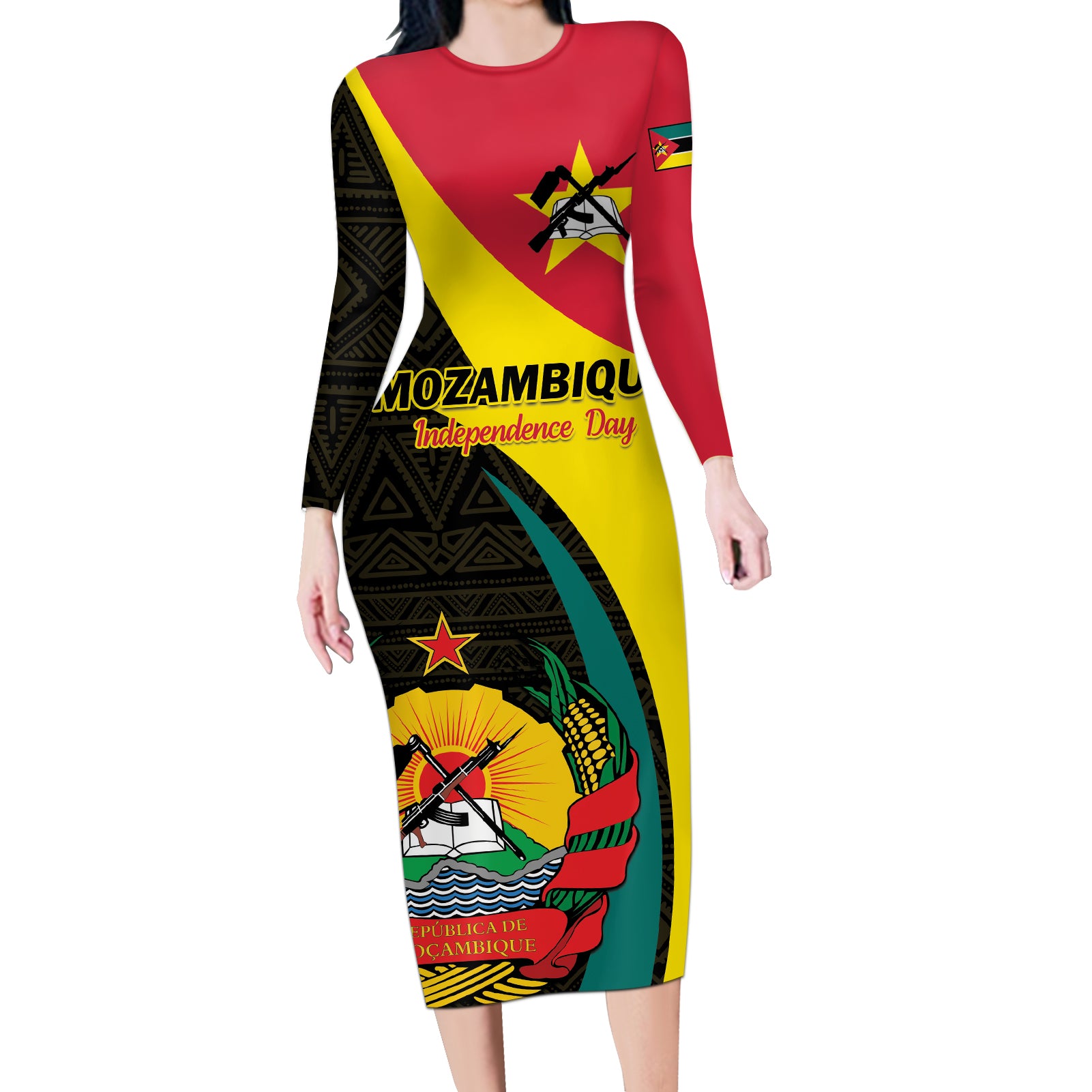 Mozambique Independence Day Long Sleeve Bodycon Dress Muzambhiki 1975 Anniversary - Wonder Print Shop