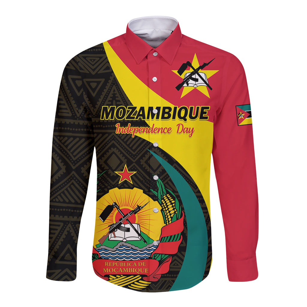 Long-sleeve button shirt with red, yellow, black, and green independence graphic