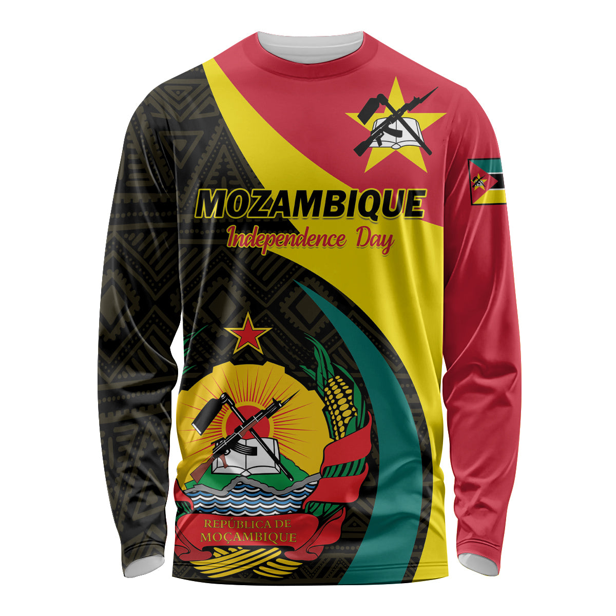Black long-sleeve shirt with red, yellow, and green Mozambique Independence Day front graphic