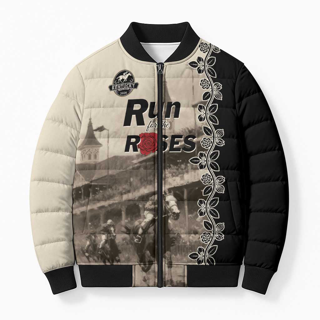 Personalized Kentucky Run For The Rose Bomber Puffer Jacket Beige Rose Floral