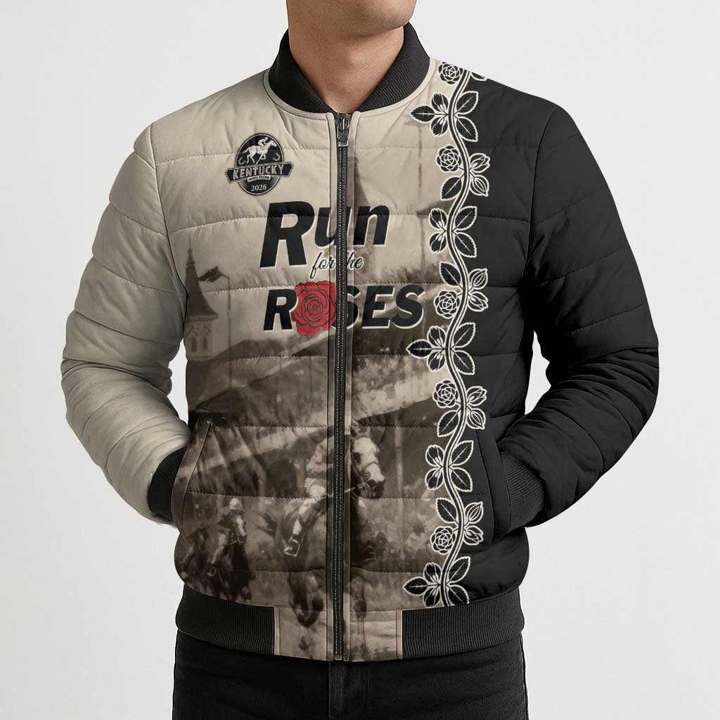 Personalized Kentucky Run For The Rose Bomber Puffer Jacket Beige Rose Floral