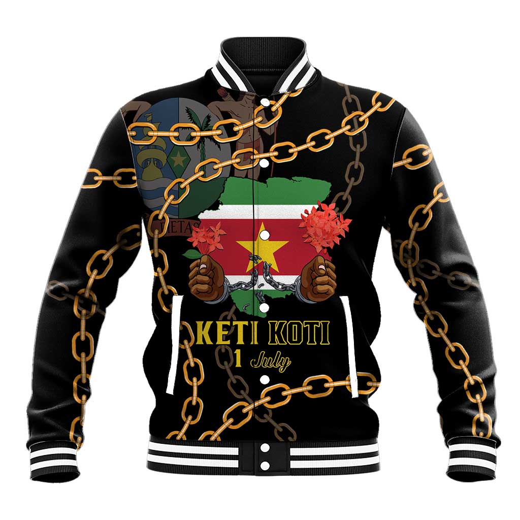 Unisex black baseball jacket with chain-link graphics and striped ribbed collar cuffs