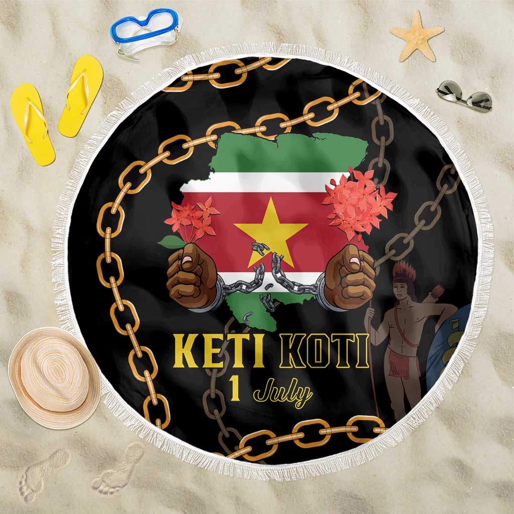 Black round beach blanket with fringe, chain links, KETI KOTI 1 July and red star