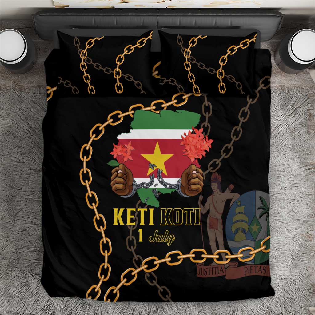 Black duvet cover bedding set with gold chain pattern and Keti Koti graphic