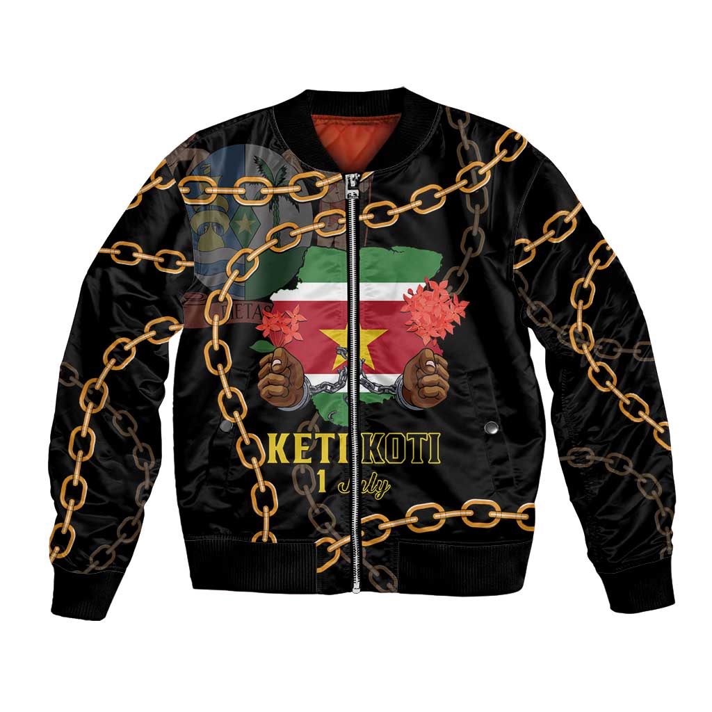 Black unisex bomber jacket, front zipper, gold chain print, Keti Koti graphic