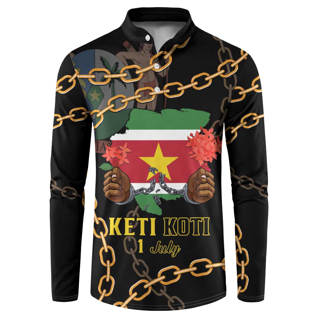 Black button sweatshirt front with gold chains and colorful Keti Koti 1 July print