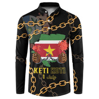 Black button sweatshirt front with gold chains and colorful Keti Koti 1 July print
