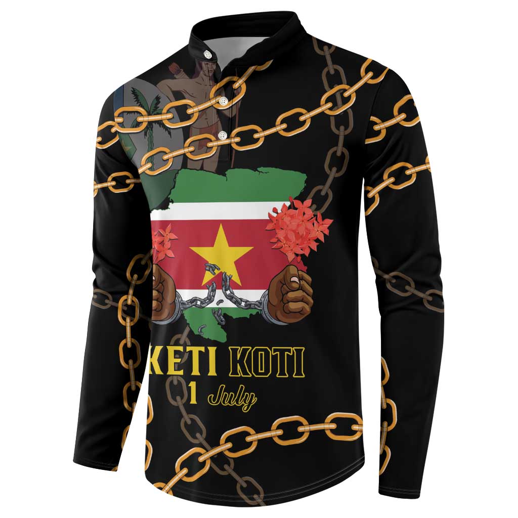 Black button sweatshirt with gold chains, Suriname map graphic, Keti Koti 1 July