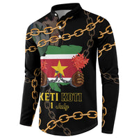 Black button sweatshirt with gold chains, Suriname map graphic, Keti Koti 1 July