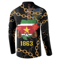 Black button sweatshirt with gold chain graphic and Suriname map on back, 1863