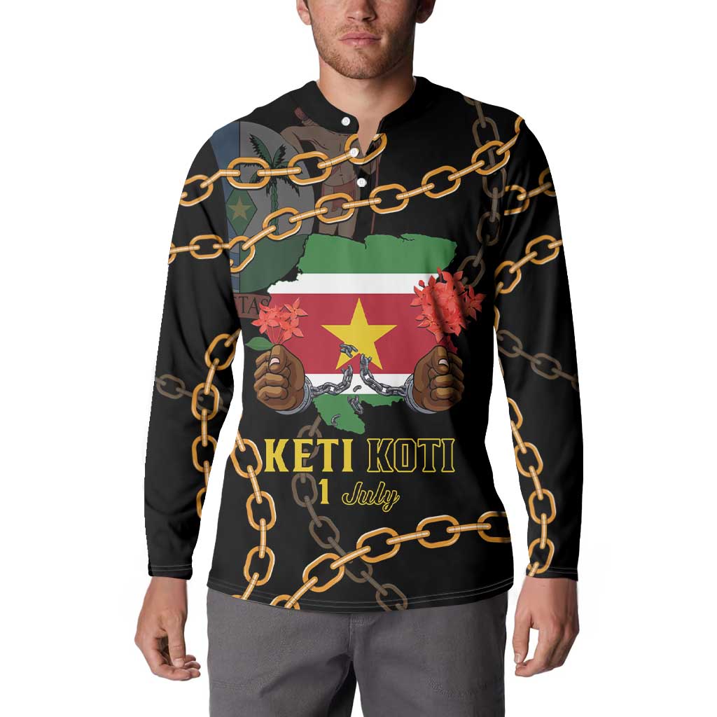Black button sweatshirt on model, gold chain print over Suriname map and Keti Koti text