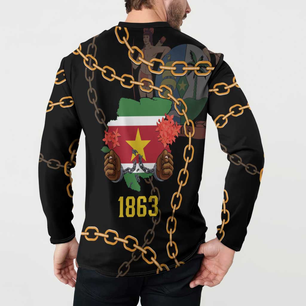 Black button sweatshirt back view with gold chains, Suriname map artwork, 1863
