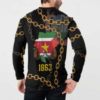 Black button sweatshirt back view with gold chains, Suriname map artwork, 1863