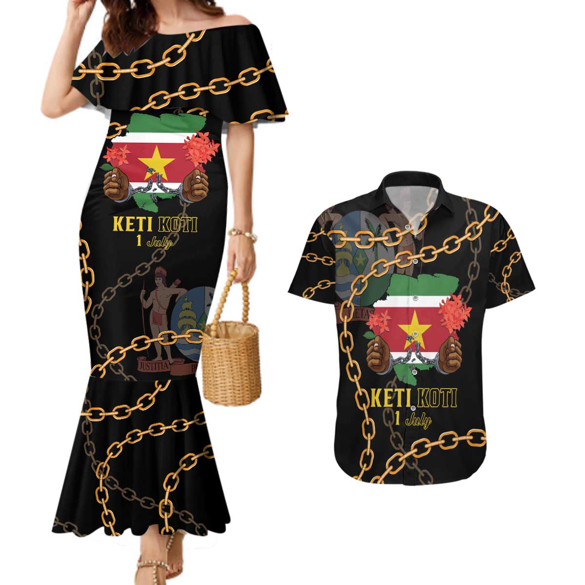 Suriname Keti Koti Couples Matching Mermaid Dress and Hawaiian Shirt Kettingsnijden Prisiri Manspasi - Wonder Print Shop