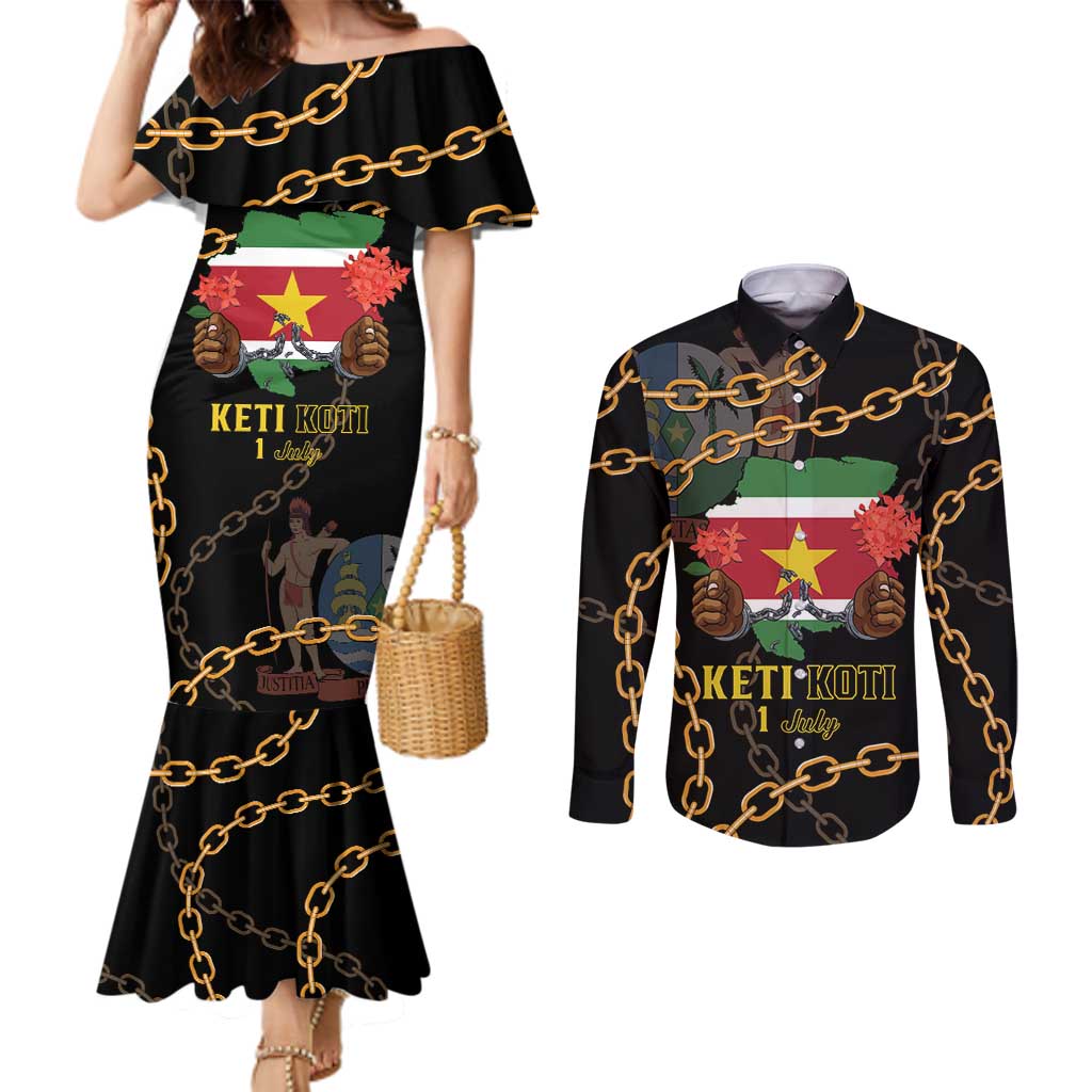 Suriname Keti Koti Couples Matching Mermaid Dress and Long Sleeve Button Shirt Kettingsnijden Prisiri Manspasi