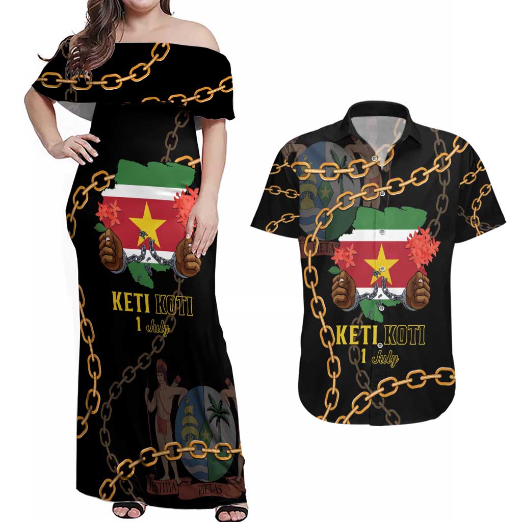 Suriname Keti Koti Couples Matching Off Shoulder Maxi Dress and Hawaiian Shirt Kettingsnijden Prisiri Manspasi - Wonder Print Shop