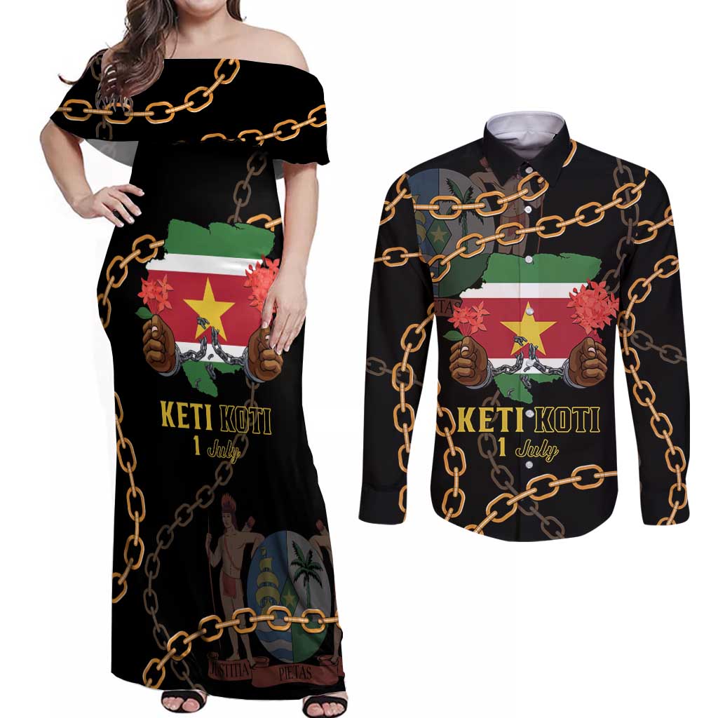 Suriname Keti Koti Couples Matching Off Shoulder Maxi Dress and Long Sleeve Button Shirt Kettingsnijden Prisiri Manspasi - Wonder Print Shop