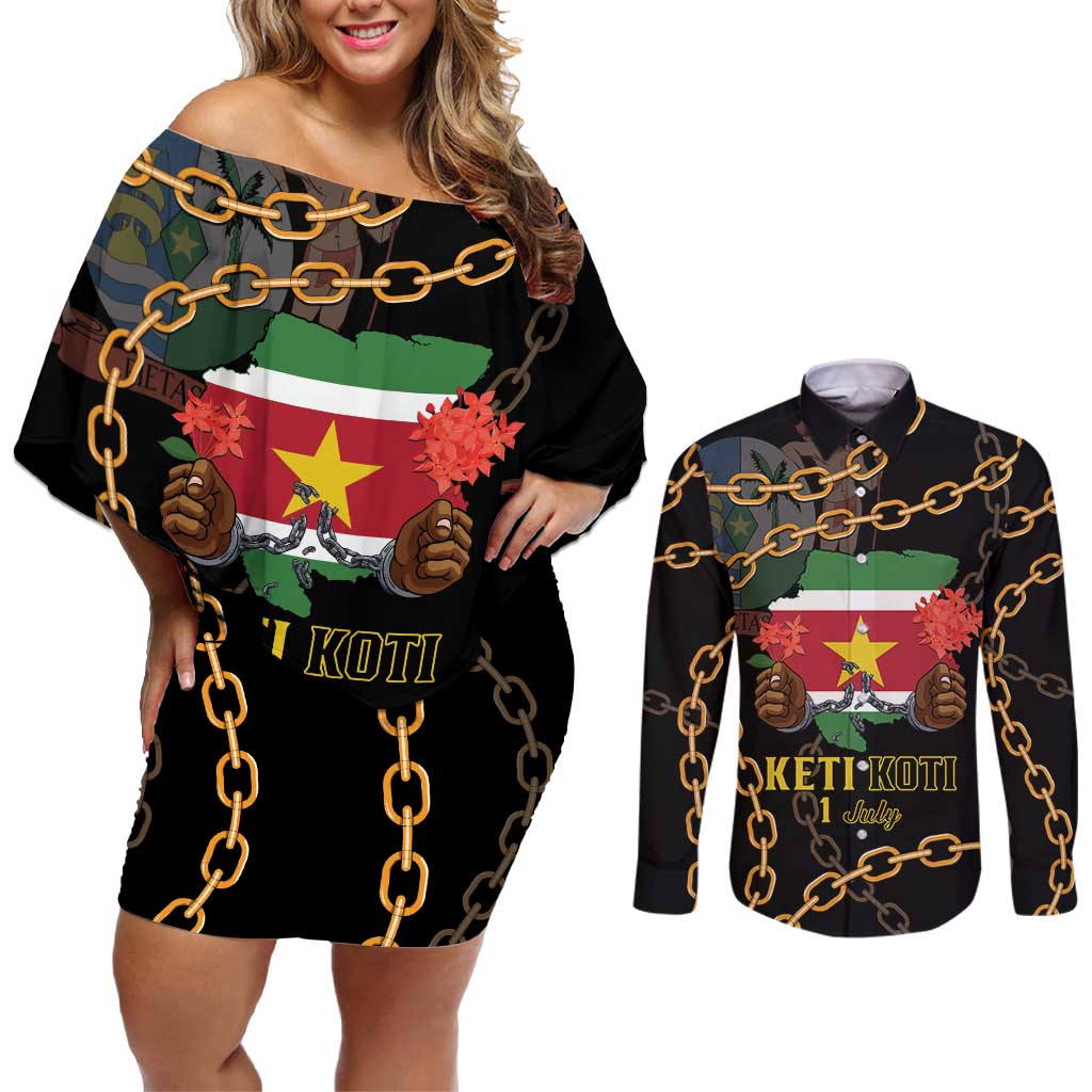 Suriname Keti Koti Couples Matching Off Shoulder Short Dress and Long Sleeve Button Shirt Kettingsnijden Prisiri Manspasi - Wonder Print Shop