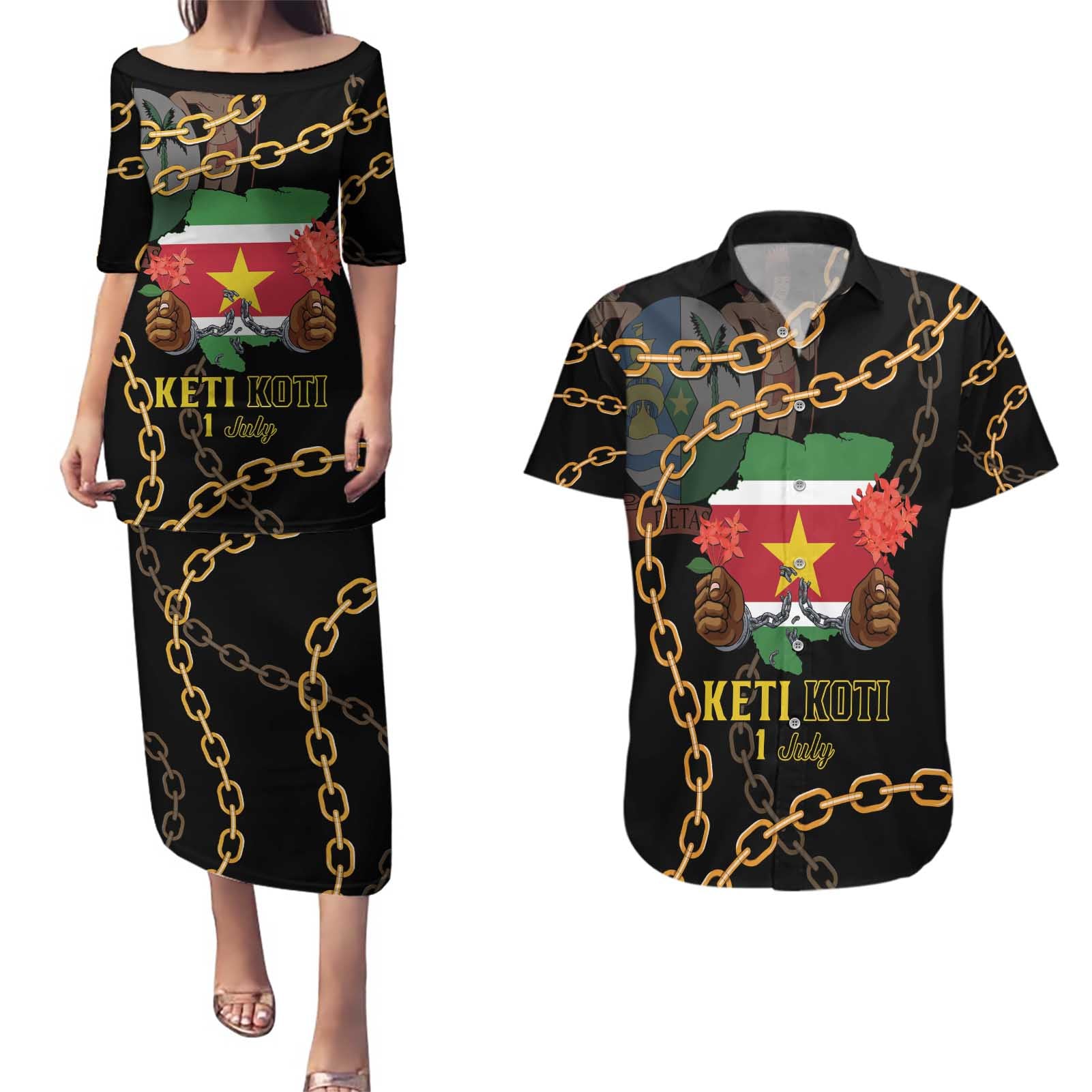 Suriname Keti Koti Couples Matching Puletasi and Hawaiian Shirt Kettingsnijden Prisiri Manspasi - Wonder Print Shop