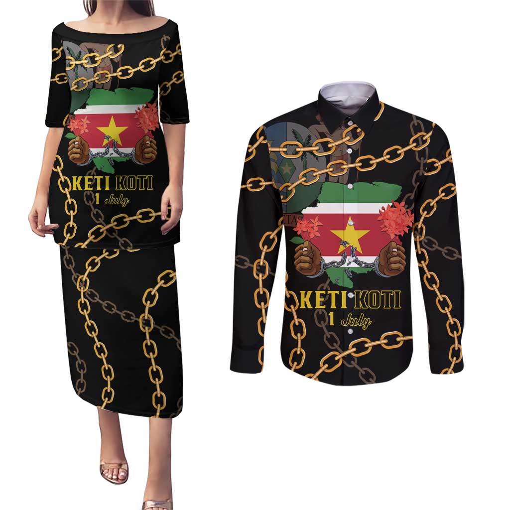 Suriname Keti Koti Couples Matching Puletasi and Long Sleeve Button Shirt Kettingsnijden Prisiri Manspasi - Wonder Print Shop