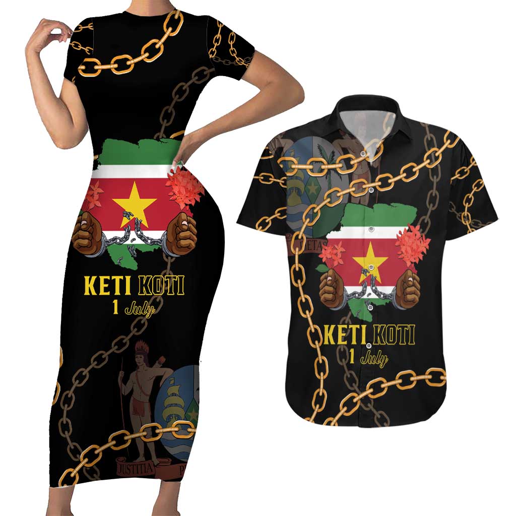 Suriname Keti Koti Couples Matching Short Sleeve Bodycon Dress and Hawaiian Shirt Kettingsnijden Prisiri Manspasi - Wonder Print Shop