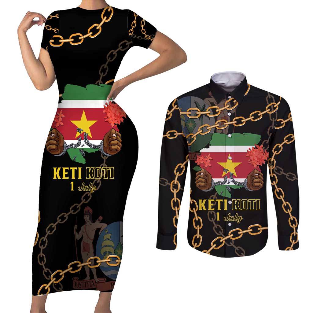 Suriname Keti Koti Couples Matching Short Sleeve Bodycon Dress and Long Sleeve Button Shirt Kettingsnijden Prisiri Manspasi - Wonder Print Shop