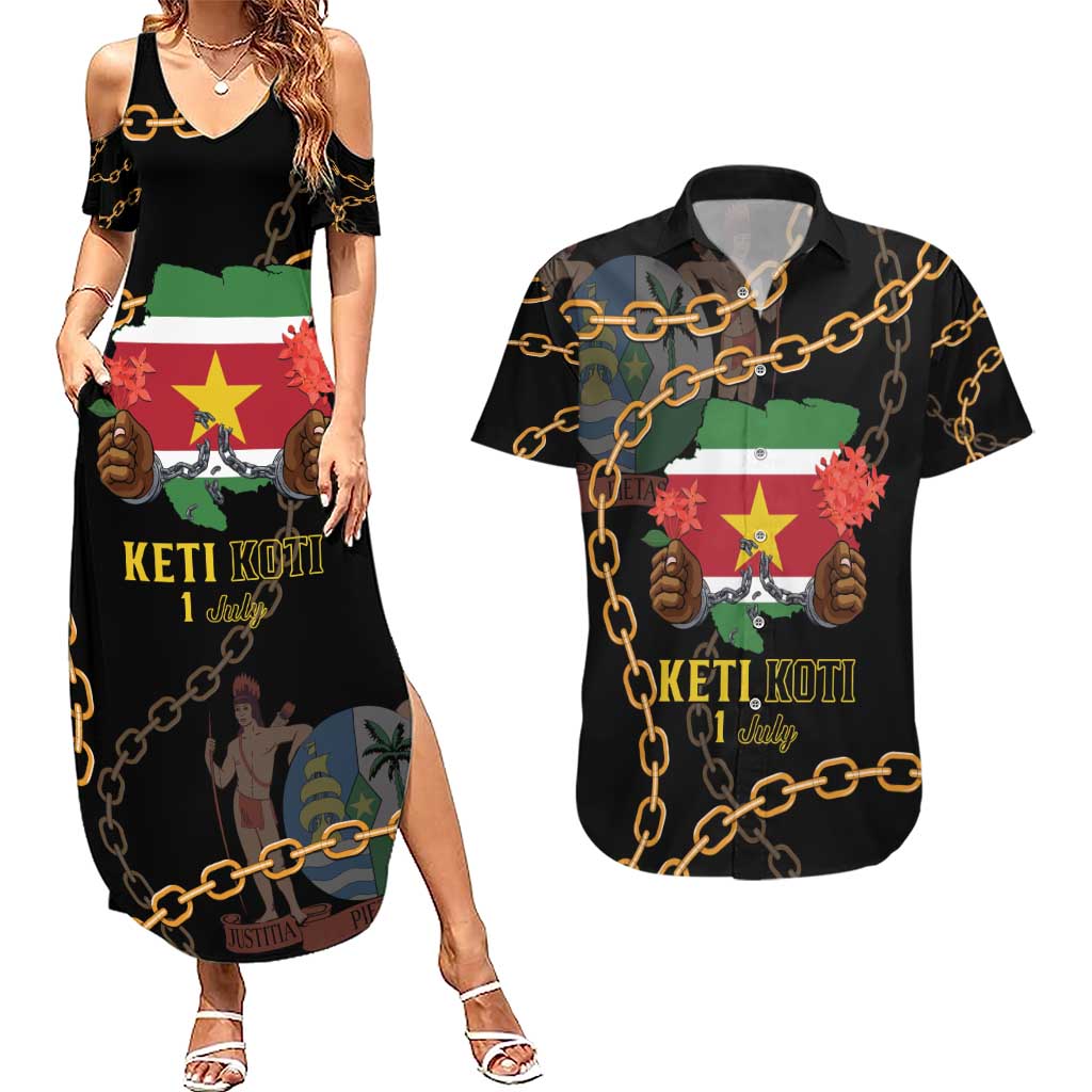 Suriname Keti Koti Couples Matching Summer Maxi Dress and Hawaiian Shirt Kettingsnijden Prisiri Manspasi - Wonder Print Shop