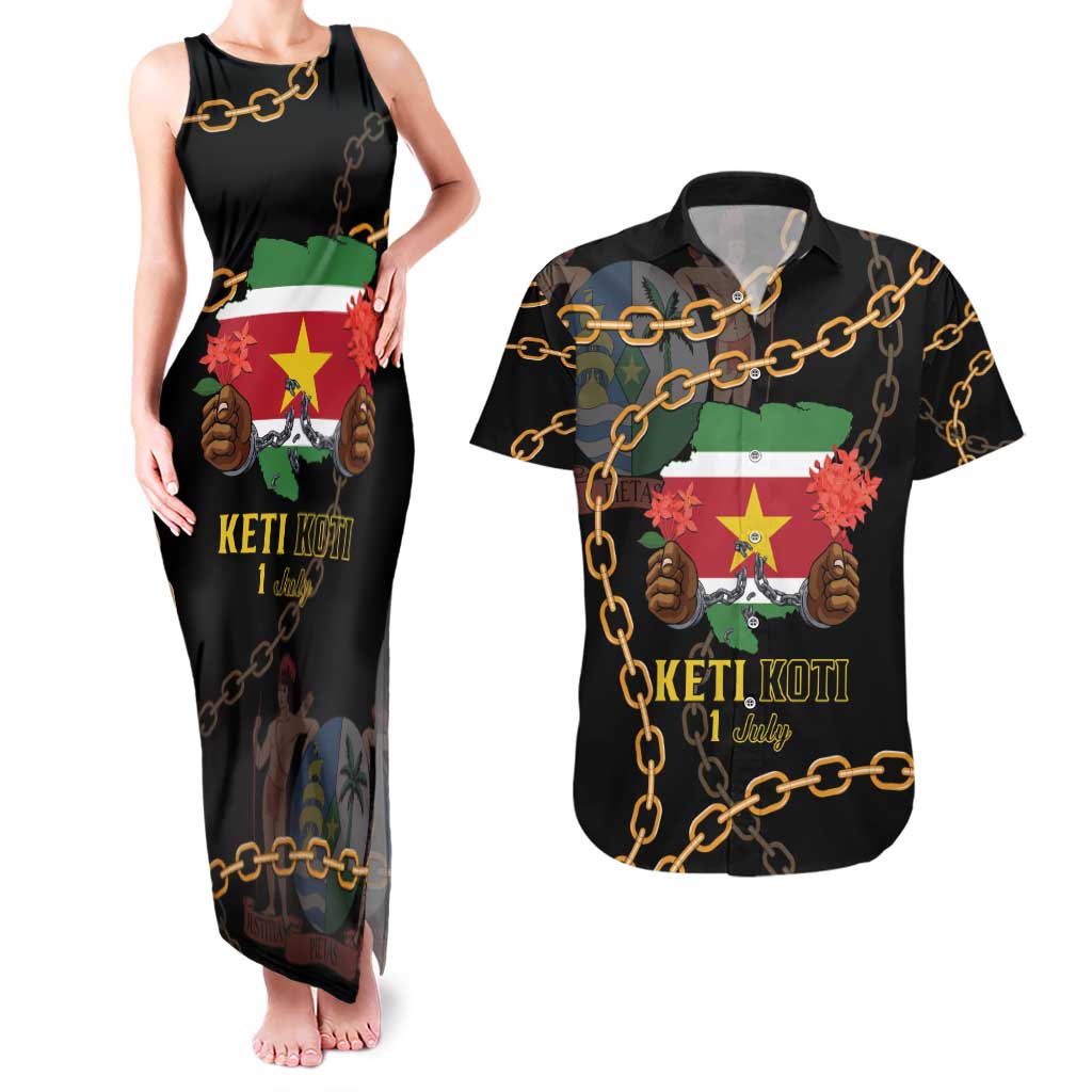 Suriname Keti Koti Couples Matching Tank Maxi Dress and Hawaiian Shirt Kettingsnijden Prisiri Manspasi - Wonder Print Shop