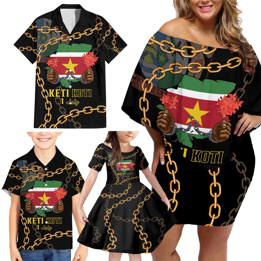 Suriname Keti Koti Family Matching Off Shoulder Short Dress and Hawaiian Shirt Kettingsnijden Prisiri Manspasi - Wonder Print Shop