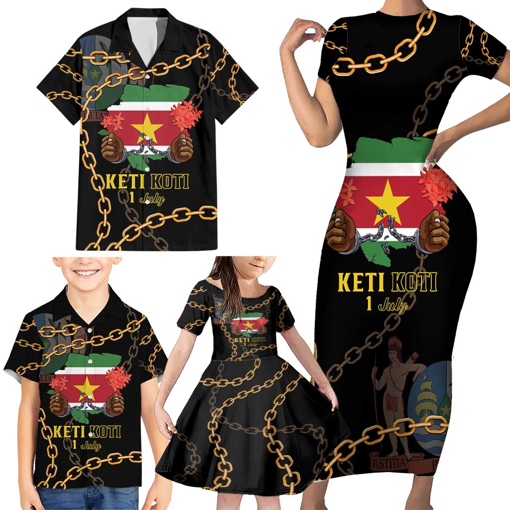 Suriname Keti Koti Family Matching Short Sleeve Bodycon Dress and Hawaiian Shirt Kettingsnijden Prisiri Manspasi - Wonder Print Shop