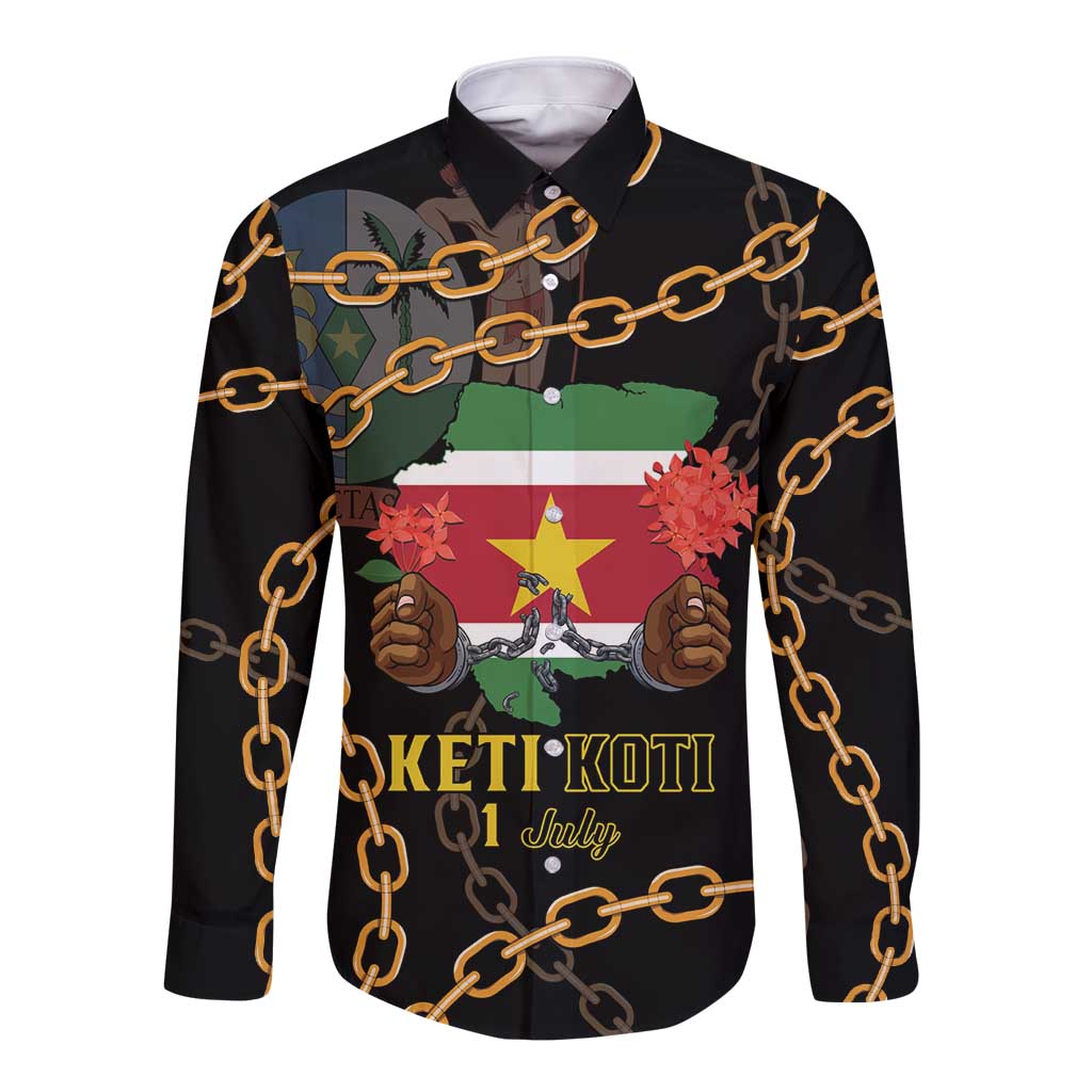Black long-sleeve button shirt with Keti Koti graphic and gold chain pattern