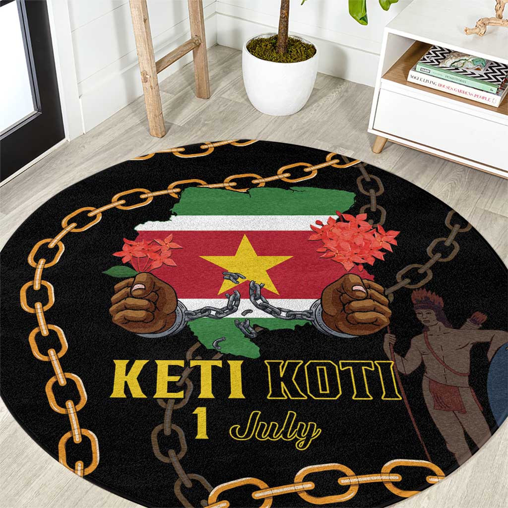 Black round carpet with gold chain border and KETI KOTI 1 July graphic