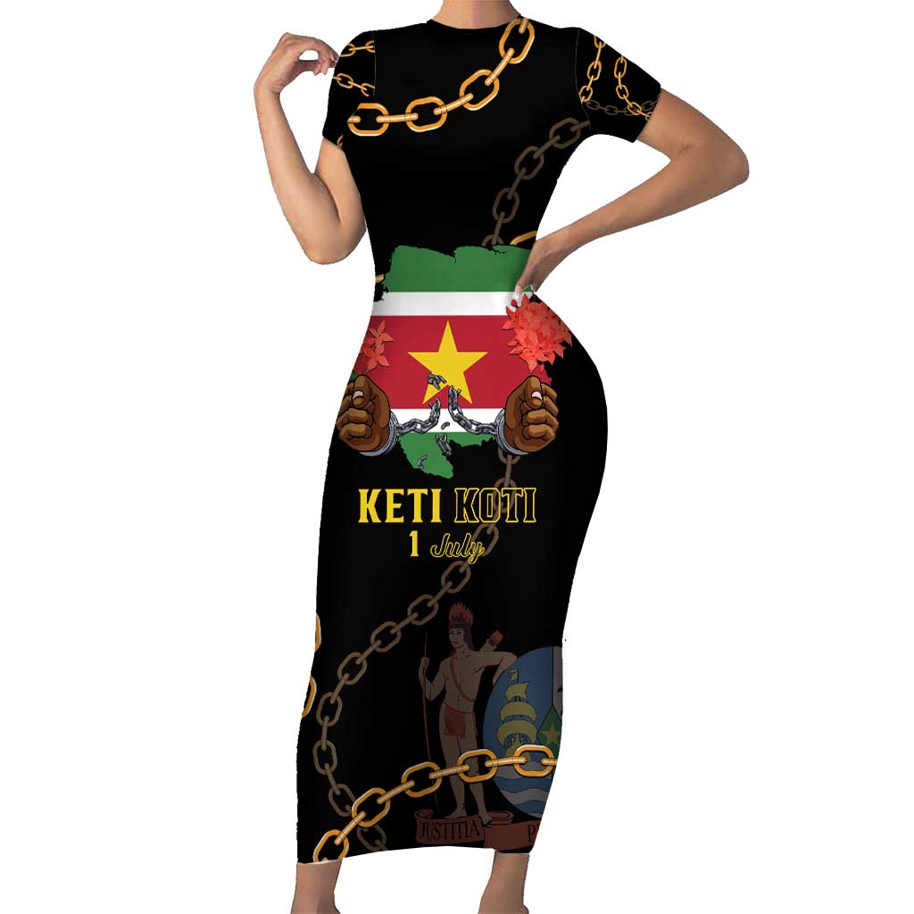 Suriname Keti Koti Short Sleeve Bodycon Dress Kettingsnijden Prisiri Manspasi - Wonder Print Shop