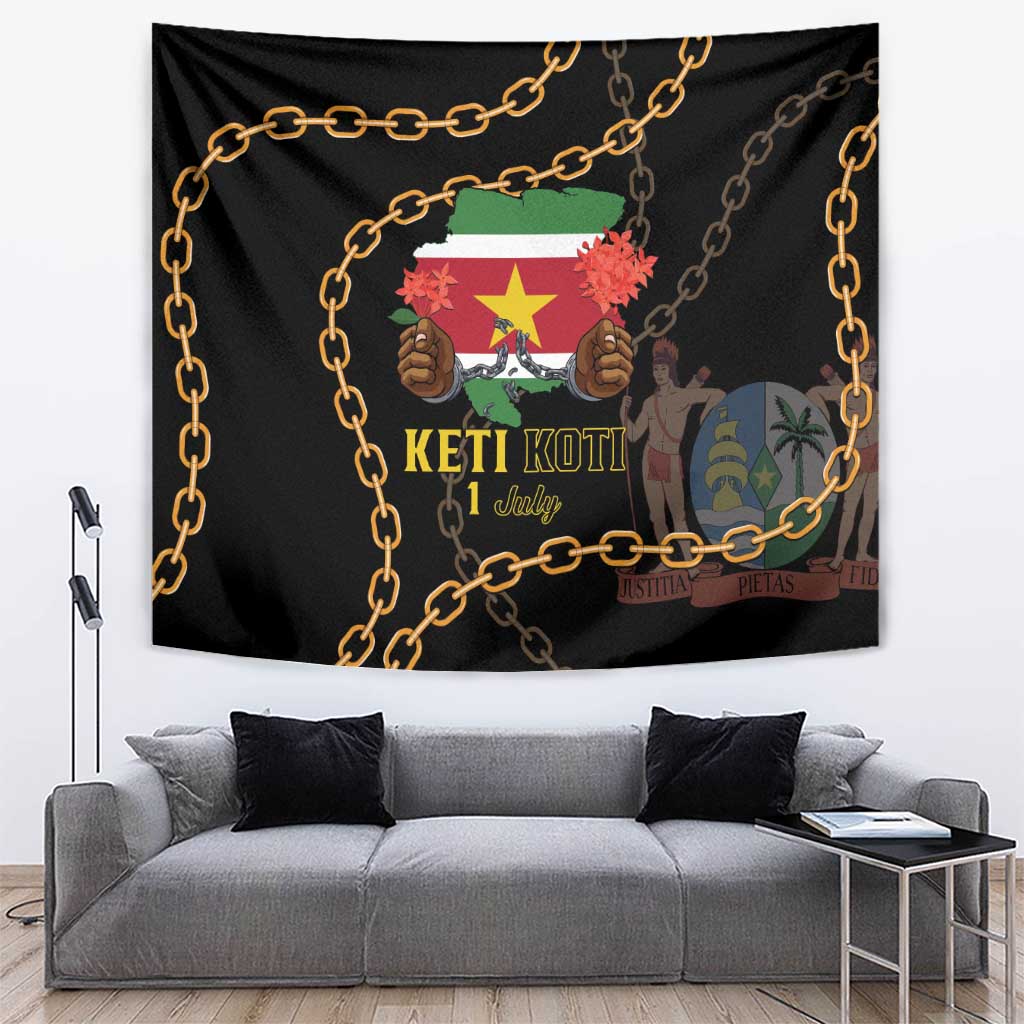 Black Suriname Keti Koti wall tapestry with gold chain graphic and colorful emblem
