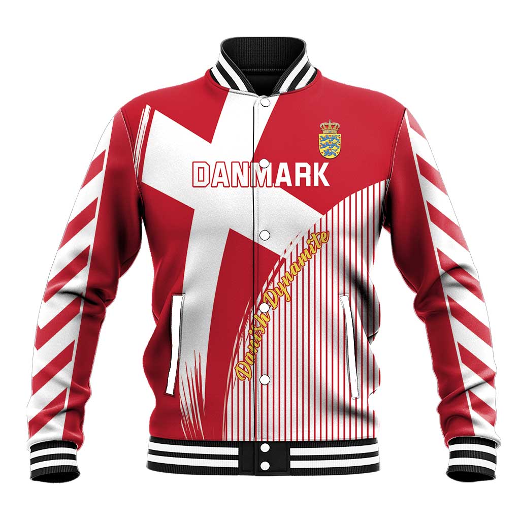 Red and white varsity football jacket with button front, striped sleeves, DANMARK graphic