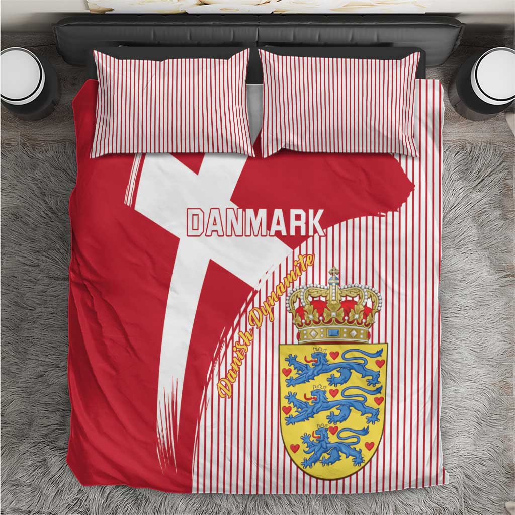 Red and white football bedding set with striped pillowcases and DANMARK crest graphic