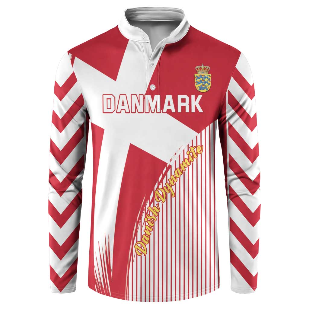 Red and white button-up football sweatshirt with DANMARK print and chevron sleeves