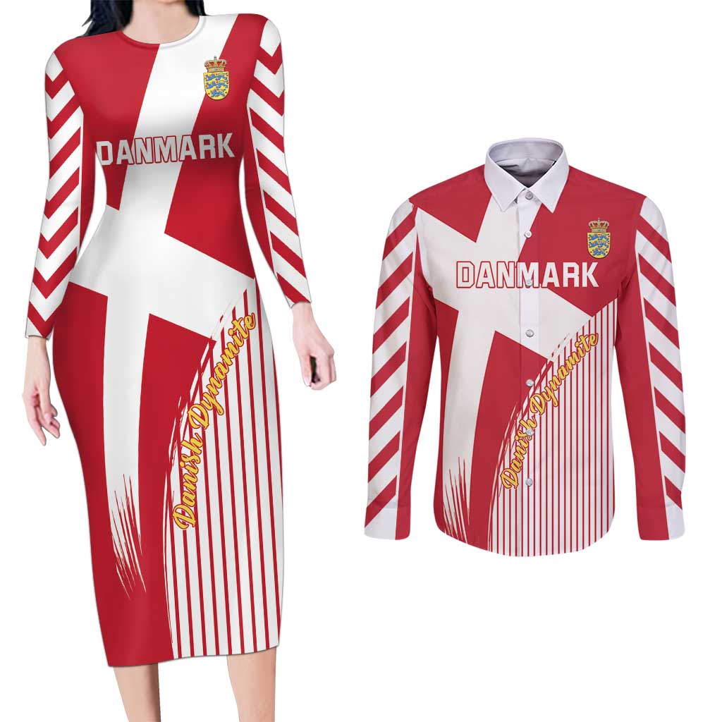 Custom Danmark 2024 Football Couples Matching Long Sleeve Bodycon Dress and Long Sleeve Button Shirt We are Red We are White We are Danish Dynamite - Wonder Print Shop