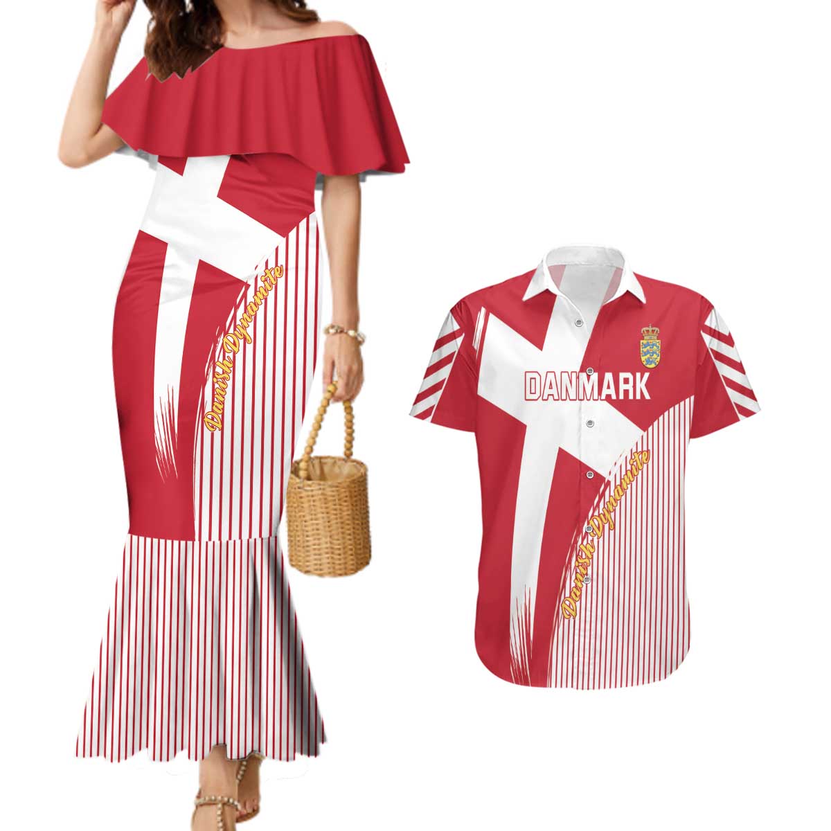 Custom Danmark 2024 Football Couples Matching Mermaid Dress and Hawaiian Shirt We are Red We are White We are Danish Dynamite - Wonder Print Shop