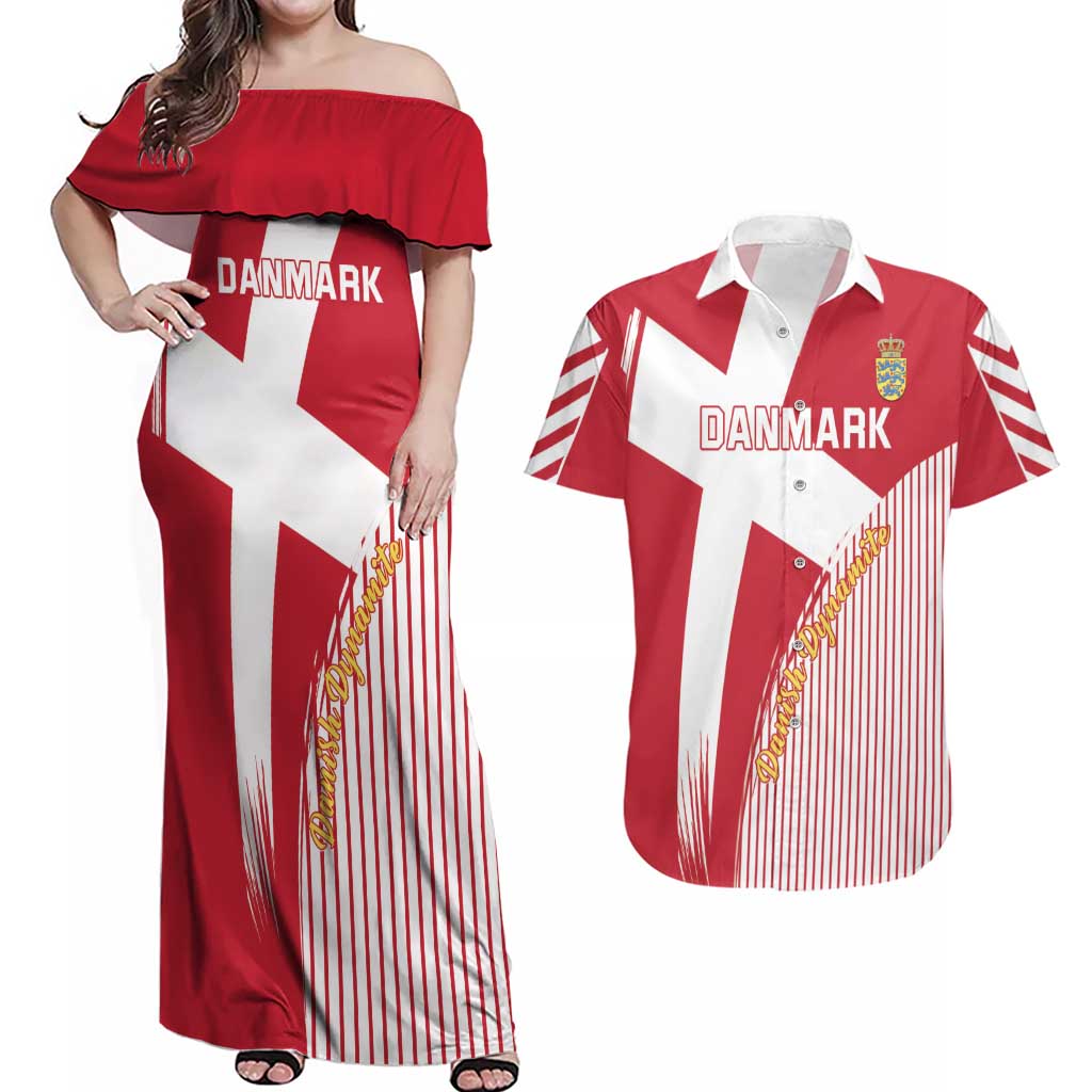 Custom Danmark 2024 Football Couples Matching Off Shoulder Maxi Dress and Hawaiian Shirt We are Red We are White We are Danish Dynamite - Wonder Print Shop