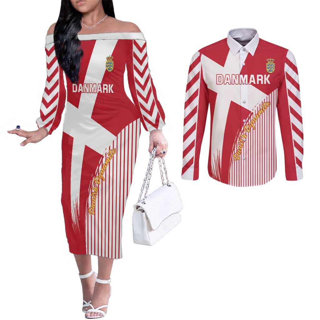 Custom Danmark 2024 Football Couples Matching Off The Shoulder Long Sleeve Dress and Long Sleeve Button Shirt We are Red We are White We are Danish Dynamite