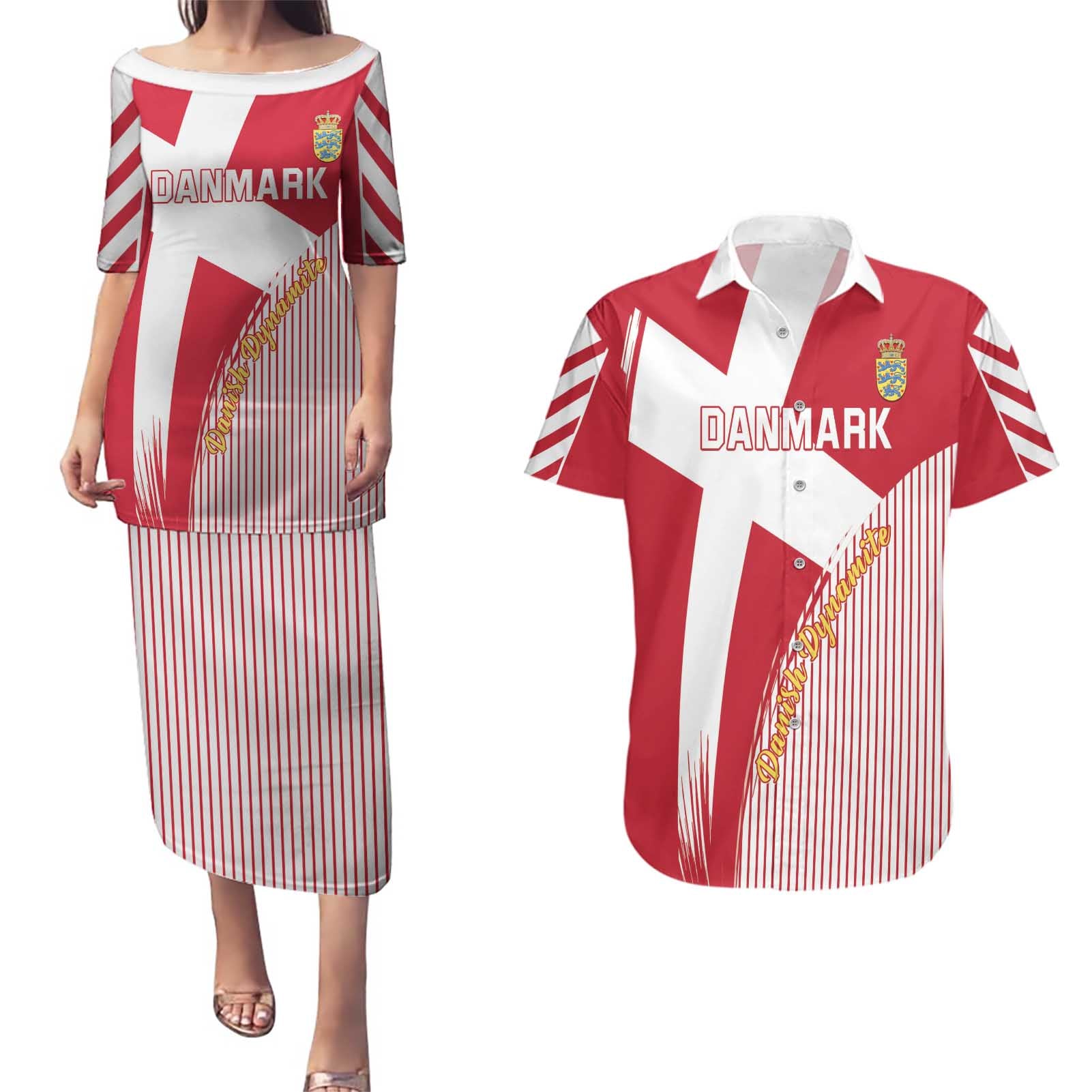 Custom Danmark 2024 Football Couples Matching Puletasi and Hawaiian Shirt We are Red We are White We are Danish Dynamite - Wonder Print Shop