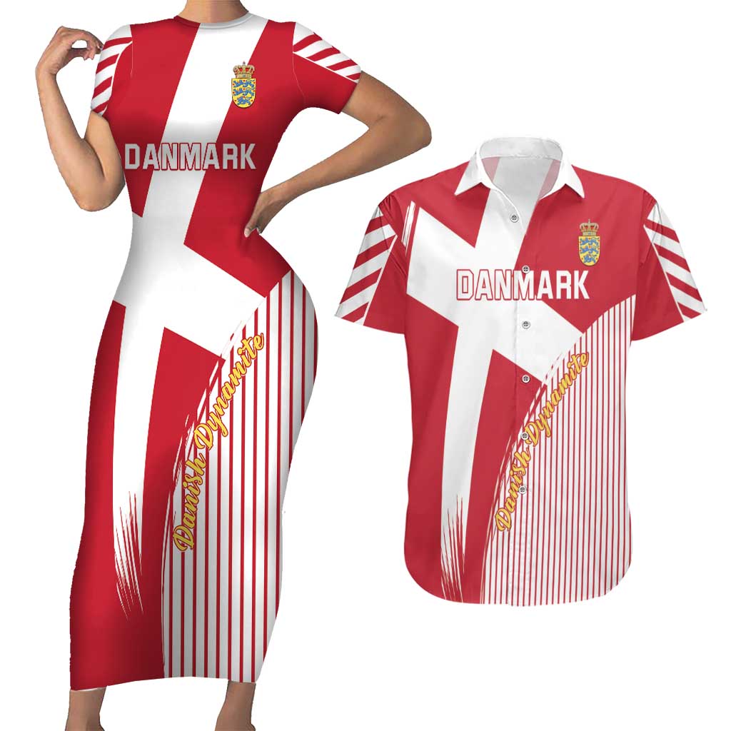 Custom Danmark 2024 Football Couples Matching Short Sleeve Bodycon Dress and Hawaiian Shirt We are Red We are White We are Danish Dynamite - Wonder Print Shop