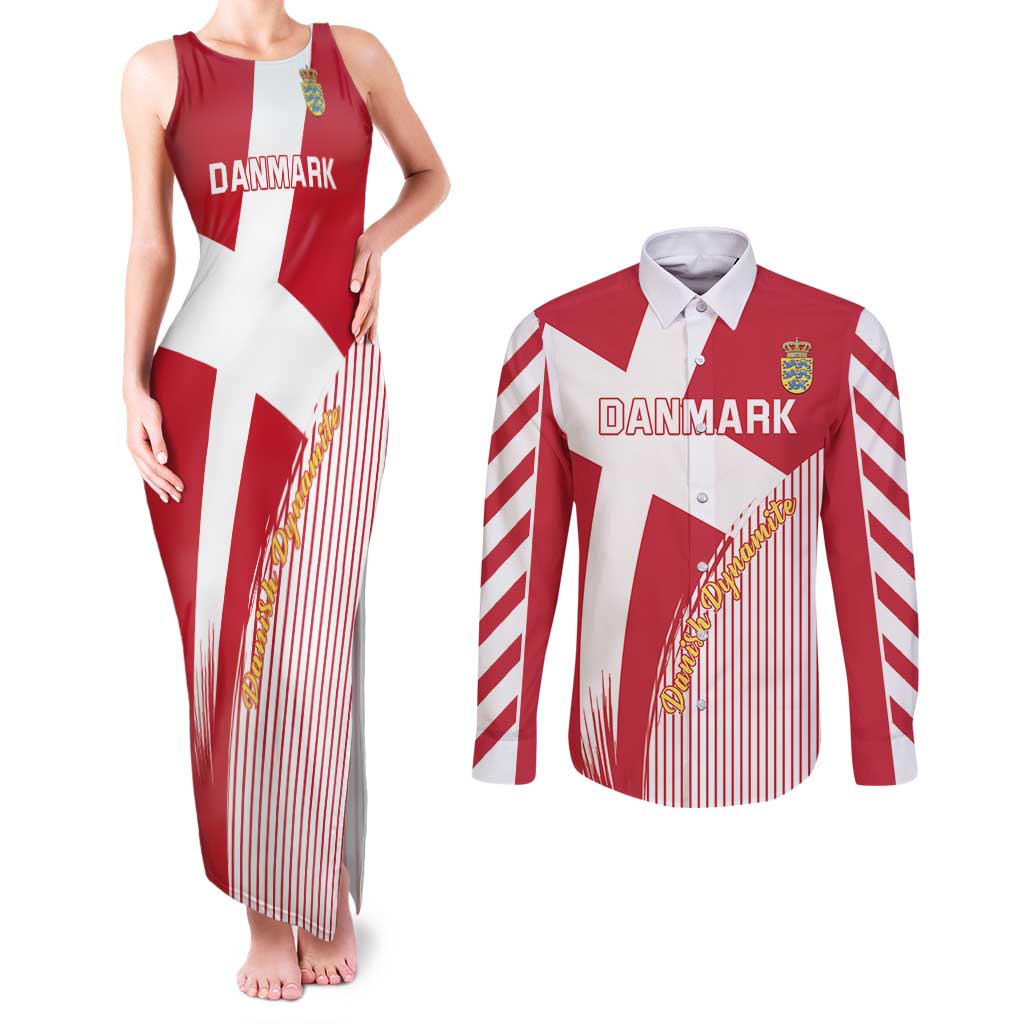 Custom Danmark 2024 Football Couples Matching Tank Maxi Dress and Long Sleeve Button Shirt We are Red We are White We are Danish Dynamite - Wonder Print Shop