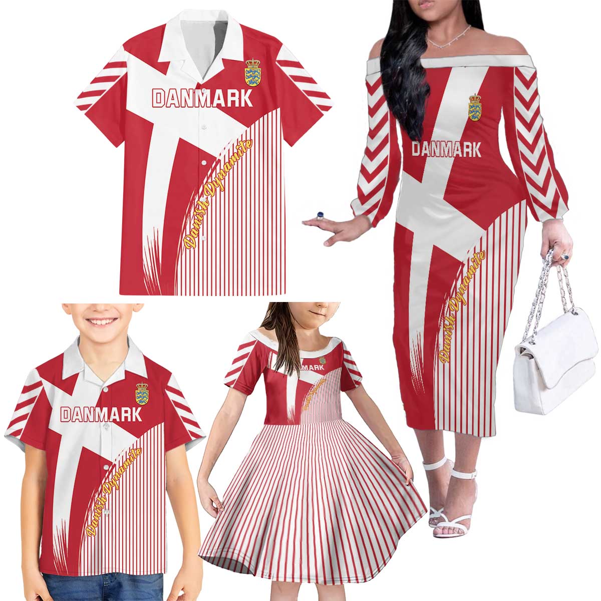 Custom Danmark 2024 Football Family Matching Off The Shoulder Long Sleeve Dress and Hawaiian Shirt We are Red We are White We are Danish Dynamite - Wonder Print Shop