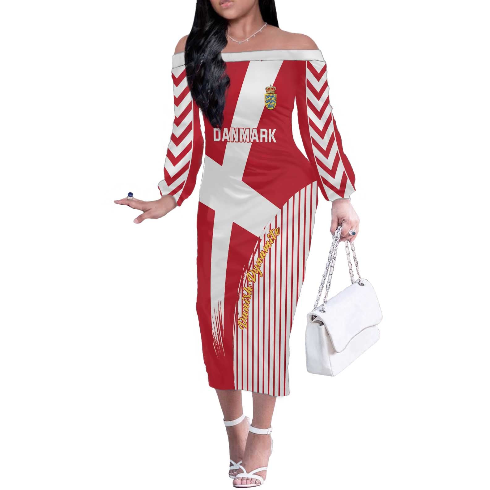 Custom Danmark 2024 Football Off The Shoulder Long Sleeve Dress We are Red We are White We are Danish Dynamite - Wonder Print Shop