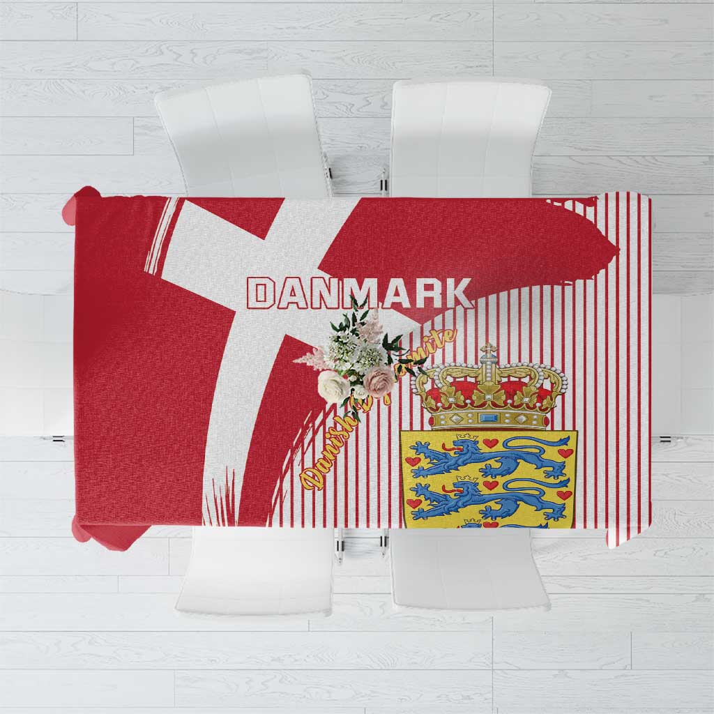Red and white Denmark tablecloth with large crest and 'DANMARK' text, top view