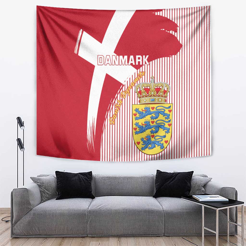 Red Denmark football tapestry with white cross, 'DANMARK' text, and crest shield
