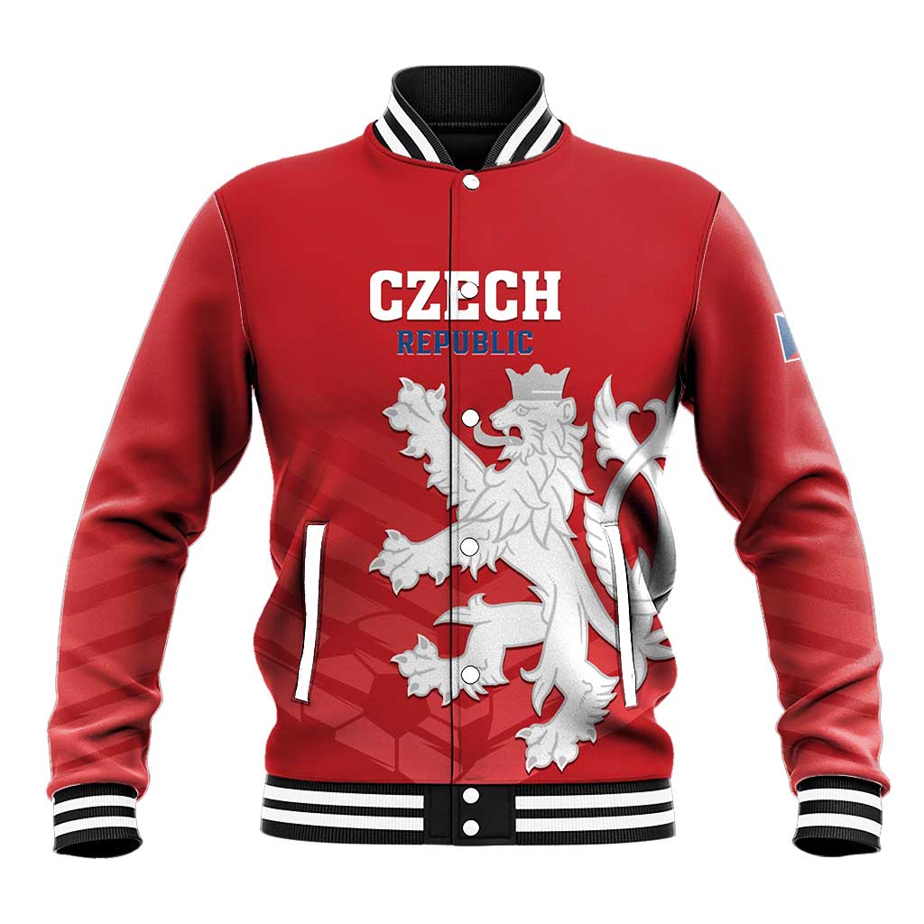 Red varsity baseball jacket with Czech crest graphic, striped collar and snap buttons